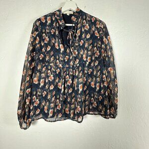 Anthropologie Eri + Ali Womens Crawford Printed Blouse Top XS Navy Long Sleeve